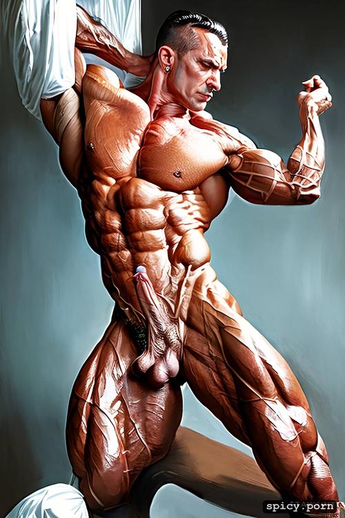 transexual bodybuilder, gigantic massive dick, spread legs, gigantic breast