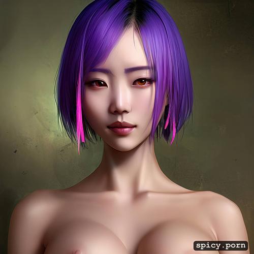 in gym, fit body, purple hair, beautiful face, doctor, bobcut hair
