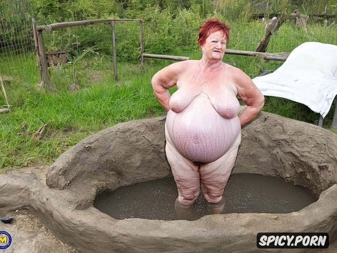 in filthy piss filled bathtub, naked obese bbw granny, massive belly