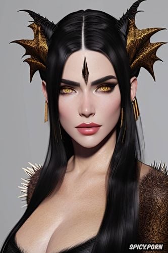 gold eyes, dark magic, tight low cut tattered animal pelt witches robe