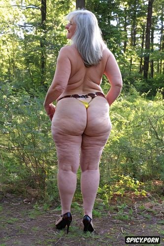 sixty of age, caucasian, wide hips, thong, visible from head to thighs