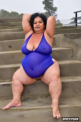 small boobs, dangling belly s skin, rainy day, symmetric, naked short ssbbw mexican granny on threshold steps at beach