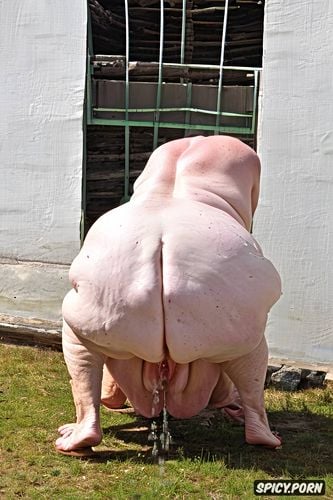 white granny, squatting, rear view, hyperrealistic pregnant pissing muscular thighs red bobcut haircut