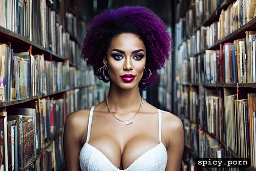 library, pretty face, long legs, purple hair, curly hair, bra