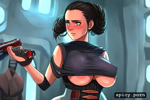 small skimpy clothes, big bouncing tits, embarrassed blushing angry sith rey skywalker covering her nipples with her hands