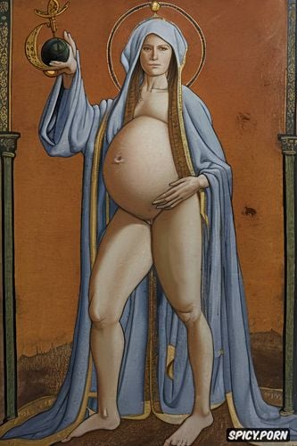 altarpiece, halo, holding a sphere, robe, crown radiating, pregnant