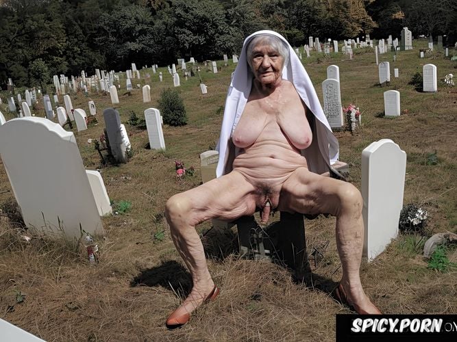 very old granny, zombie, cemetery, catholic nun, huge tits, big breasts