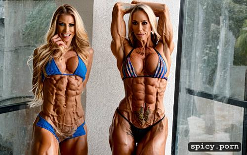 muscle barbie, no body fat, full glossy lips, pretty face, tanned