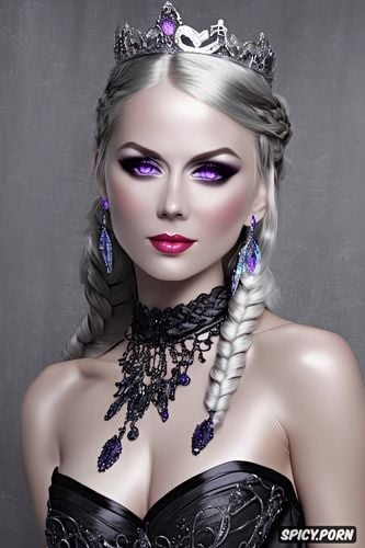 ultra realistic, k shot on canon dslr, ultra detailed, fantasy princess beautiful face pale skin dark purple eyes long soft silver blonde hair in a braid rich low cut black silk gown small soft perky perfect natural tits petite small bust diadem full body shot