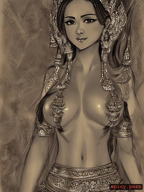 pencil sketch, thai girl in temple, smirk, small boobs perky nipples
