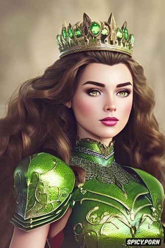 soft brown eyes, wearing green scale armor, tiara, ultra detailed