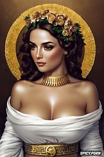 olive skin, greek mythology, high cheekbones, medium round perky natural breasts