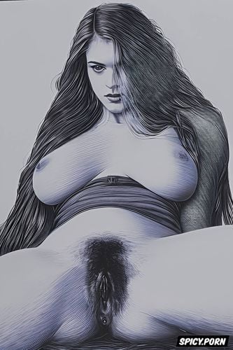 hairy vagina, teen, hd detailed pussy lips, charcoal drawing