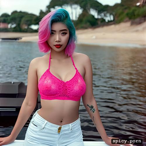 yacht, curvy body, korean lady, short, perfect face, pink hair