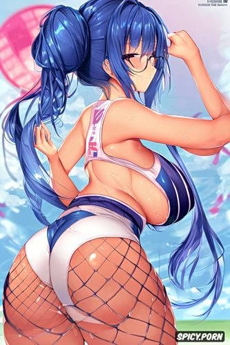 blue hair, centered, hair in bun and pigtails in pink underwear with big ass trying on uniforms for school volleyball