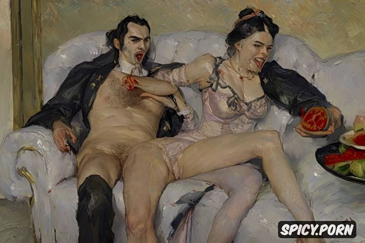 couch, vampire, tongue out, drooling, pyotr krivonogov, impressionism painting style