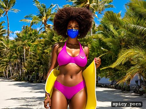 natural big boobs, black woman, topless microkini, on a path besides the beach roller skating