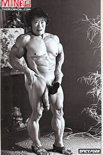 muscular, short hair, huge futanari dick, one japanese granny