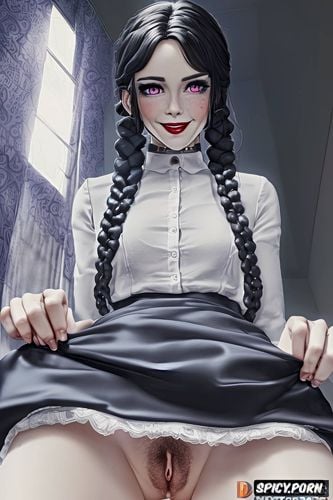 minimalistic, looking into camera, upskirt, detailed hair, braids no panties gentle smile no panties good pussy view trimmed pussy innie pussy puffy pussy gentle smile wednesday addams