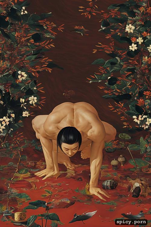 shunga, one nude asian woman falling from sky, holding her legs open with her hands