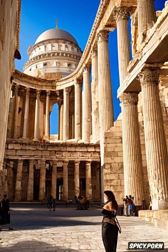 stunning face, pale skin, traditional greek woman, topless, historical greek buildings in the background