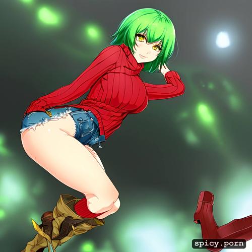anime woman, sexy, human, yellow eyes, beautiful, boots, short light green hair