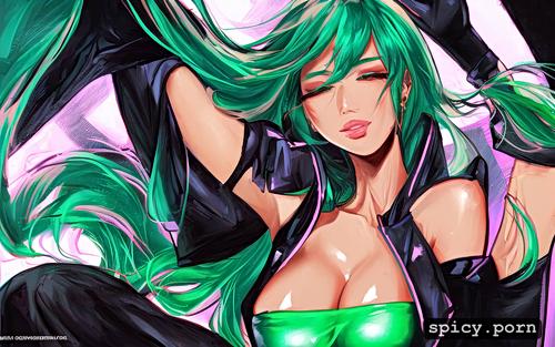 dancing in a club, oiled body, green hair, gorgeous face, sexy catholic uniform