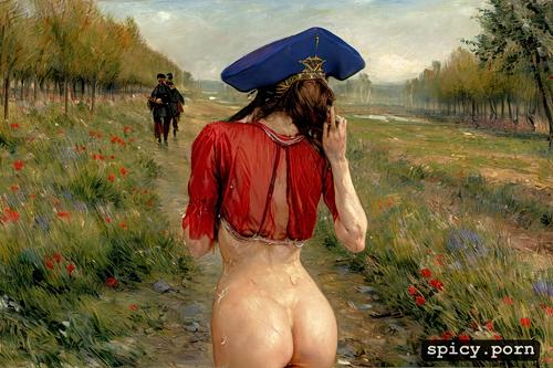 small boobs, nice abs, sweaty, war uniform, art by vasily surikov