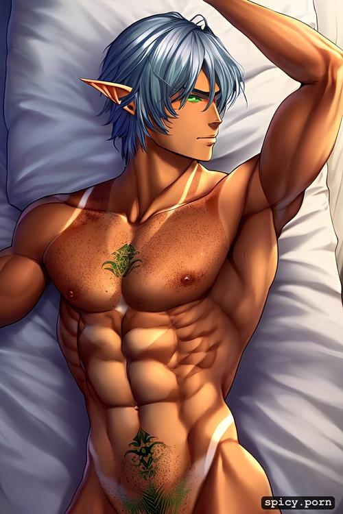bedroom, detailed face, relatively large dick, green eyes, naked