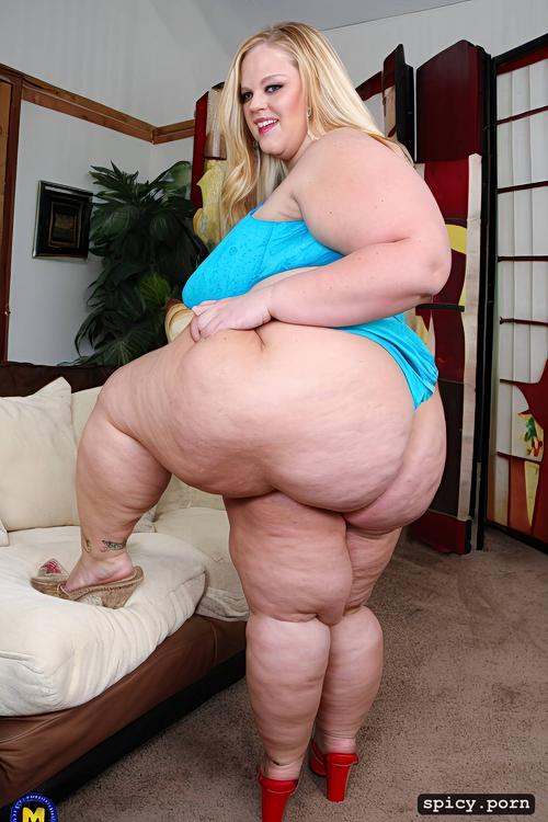 spreaded, nude ssbbw, blonde, obese, fat legs, couch, hands on huge ass