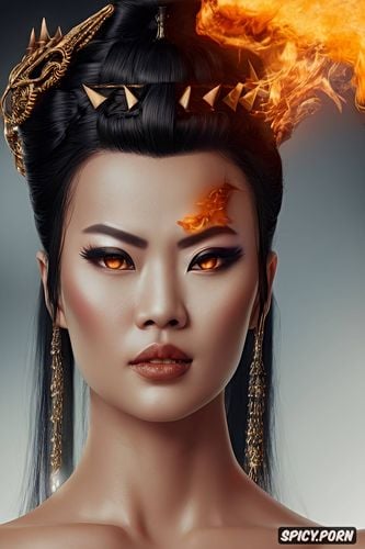 artstation, flame crown, face shot, black hair in an intricate updo