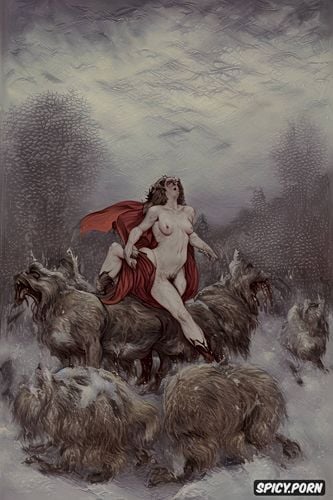 ferocious beast, nude, snow forest, vampire, riding on a giant running beast