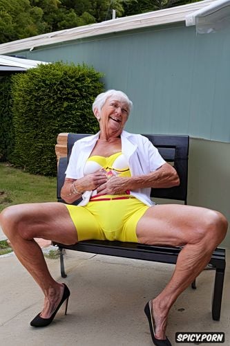 old skinny beautiful wrinkled granny tongue out in detailed spandex yellow short shorts lips cameltoe spread leg sit on bench outside in hot summer showin pussy bulge point of view