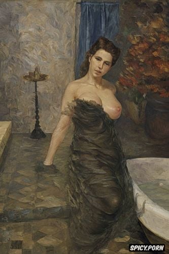 belly, ass grab, victorian gown, very long neck, tiled bathing