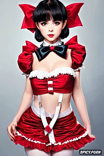 red frilly dress, bows and ribbons, bows, pale teen, clit pussy