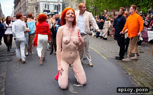 public street, nude, ginger, crawling, naked, in public, cum on chest