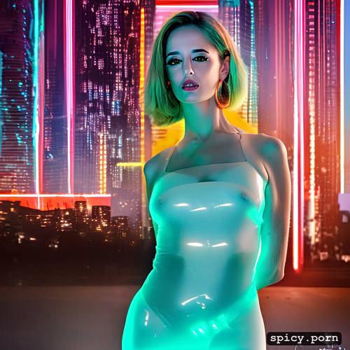 neon lights, wearing transparent sci fi uniform, masterpiece
