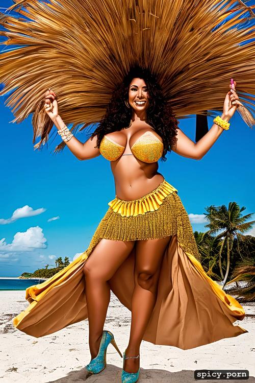 giant hanging tits, high heels, long hair, color portrait, 37 yo beautiful white caribbean carnival dancer