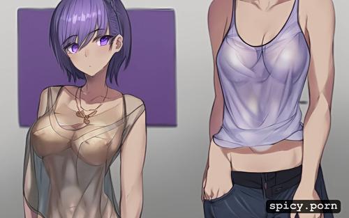 see through clothes, tanktop with underboob and short shorts