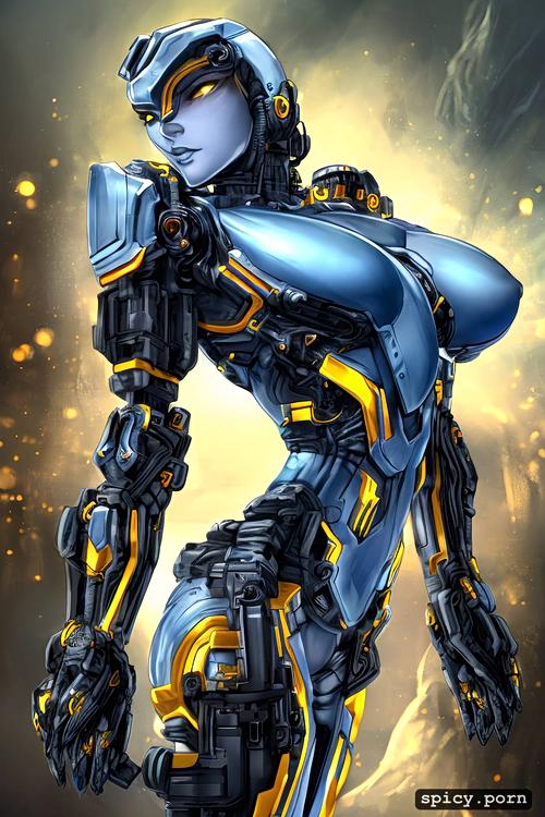 strong warrior robot, wearpon, centered, yellow and dark blue colors