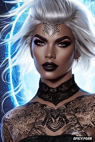 ultra realistic, black lace lingerie, high resolution, hawke dragon age beautiful face ebony skin silver hair full body shot