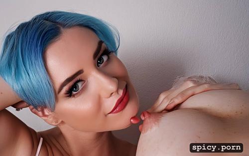 gorgeous face, blue hair, makeup, huge poop, 70s, huge boobs