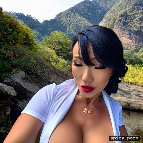 curly hair, korean milf, mountains, ahegao face, close up, 30 years old