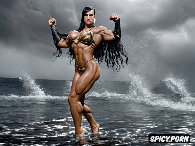 naked, raging ocean, very huge bodybuilder like feet, superdetailled very tall shemale witch