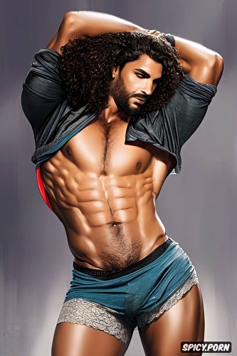 handsome brazilian athletic nude male, pants, elegant, long curly hair