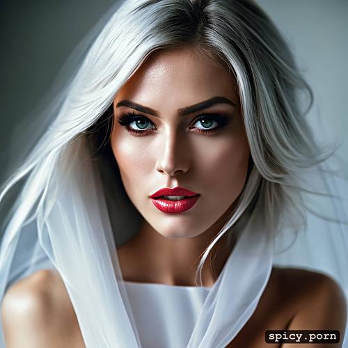 wedding dress, gorgeous face, woman, silver hair, shaved pussy