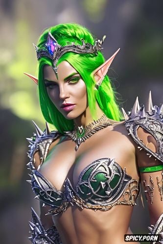 masterpiece, fantasy princess high elf beautiful face forest green skin tone short spikey light green hair tattoos royal elven armor tiara topless tits out castle