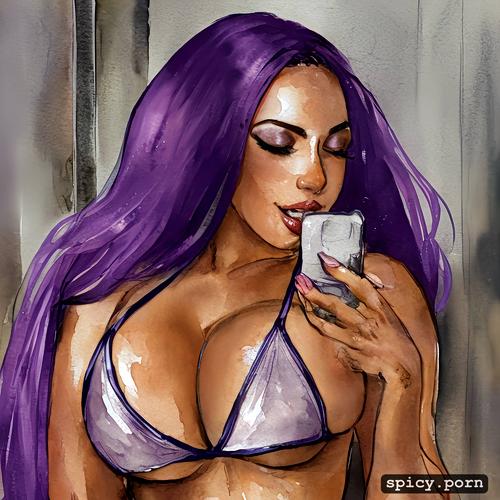 massive tits, purple hair, selfie, comprehensive cinematic, long hair