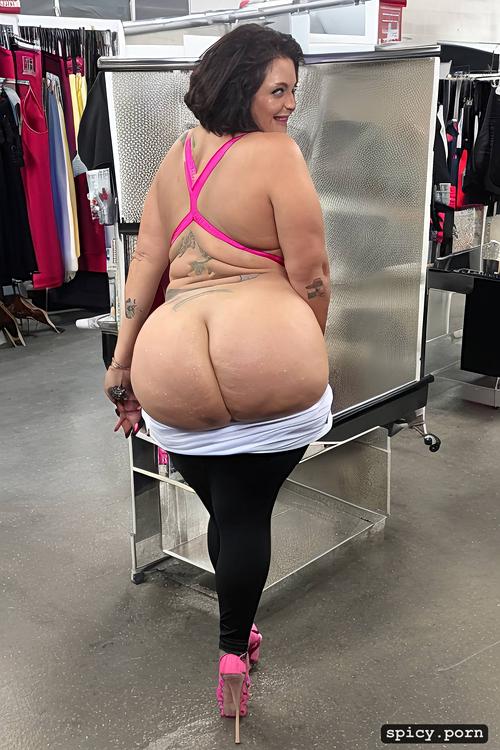 looking at camera, smile, ssbbw, sweat pants, large belly, caucasian