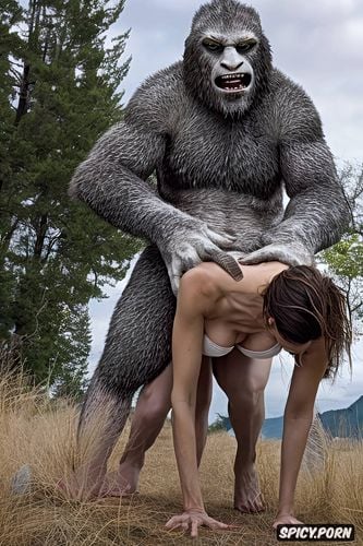 male sasquatch positioned to enter woman from behind, facial seizure from extreme pleasure